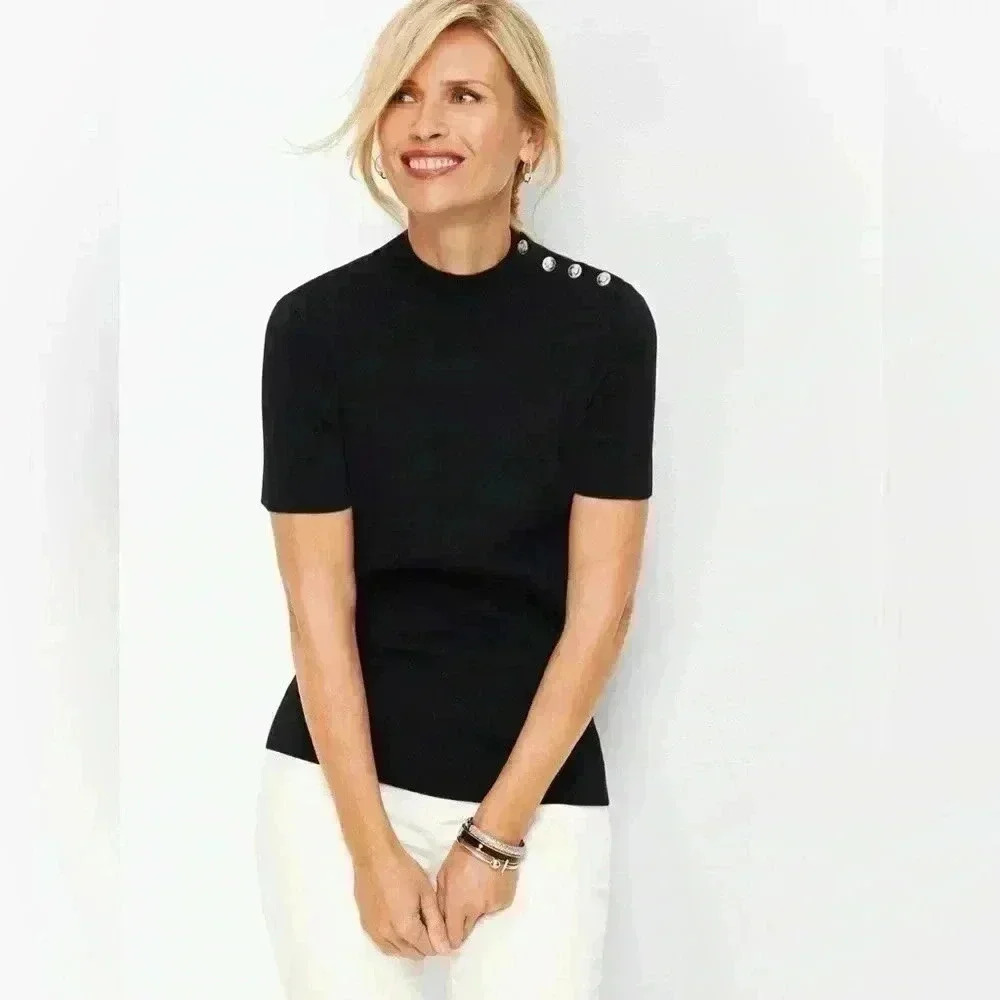 BNWT  Talbots Mock Crew Top in Black with 3 Diamond Style Buttons on Shoulder